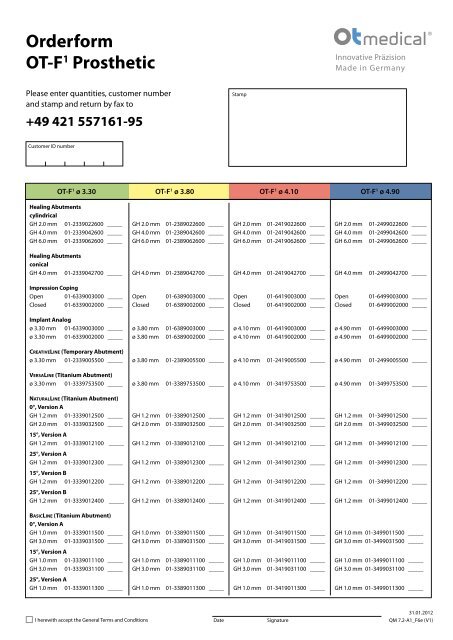 Orderform OT-F1 Prosthetic - OT medical GmbH