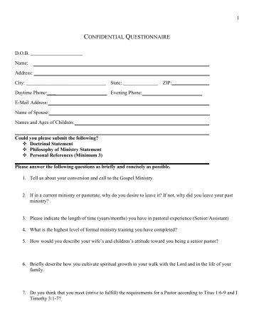 Sample Questionnaire for Pastoral Candidates