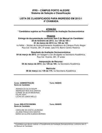 Lista de 4Âª chamada para - IFRS CÃ¢mpus Porto Alegre