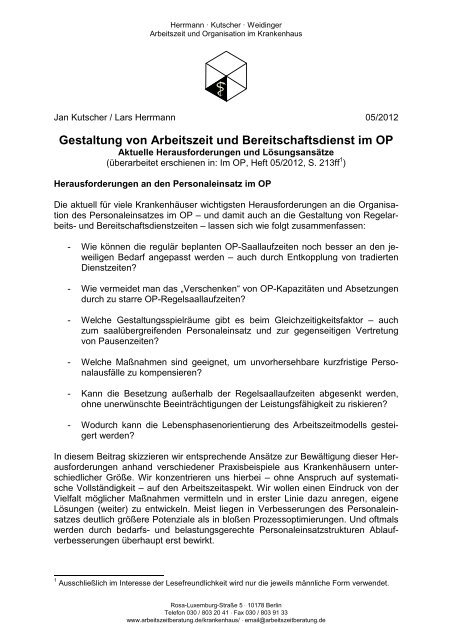 Gestaltung von Arbeitszeit und Bereitschaftsdienst im OP - Aktuelle ...