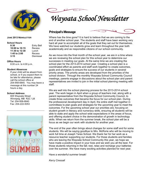 2013 June Newsletter Wayoata School Website - Retsd.mb.ca