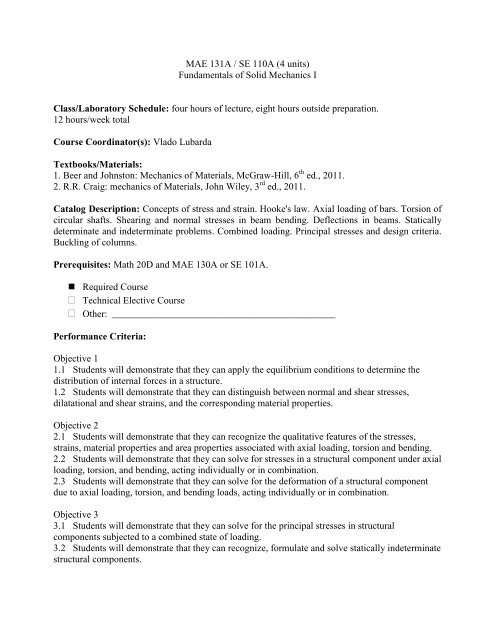 Mae 131a Fundamentals Of Solid Mechanics I Mechanical And