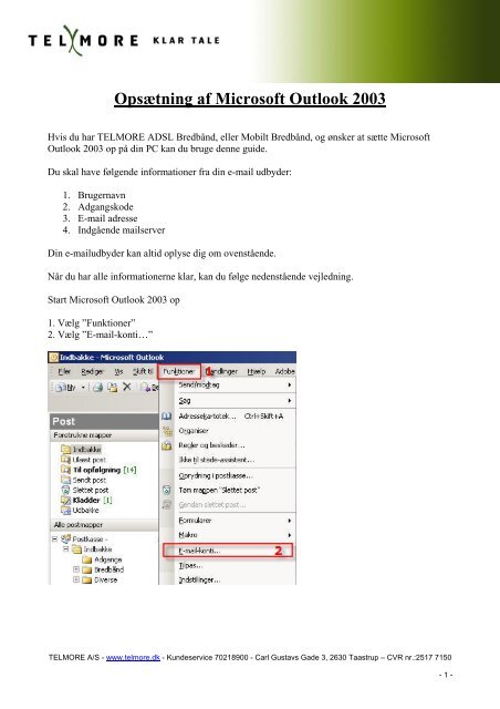 OpsÃ¦tning af Microsoft Outlook 2003 - Telmore