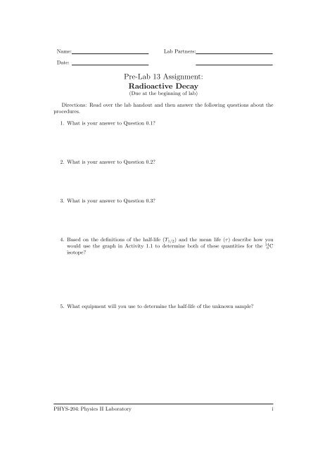 Pre-Lab 13 Assignment: Radioactive Decay