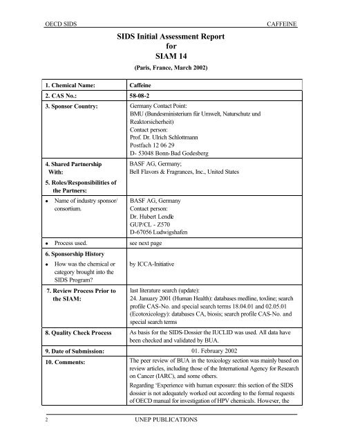 CAFEINE CAS : 58-08-2 - UNEP Chemicals