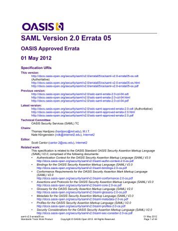 SAML Version 2.0 Errata 05 - docs oasis open - Oasis