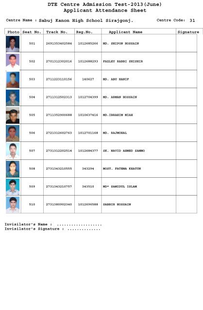 DTE Centre Admission Test-2013(June) Applicant Attendance Sheet