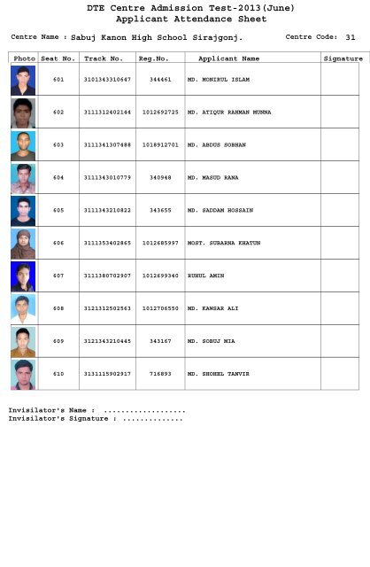 DTE Centre Admission Test-2013(June) Applicant Attendance Sheet