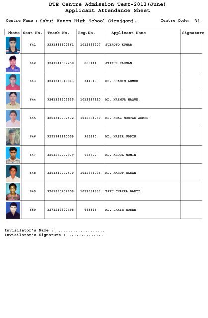 DTE Centre Admission Test-2013(June) Applicant Attendance Sheet