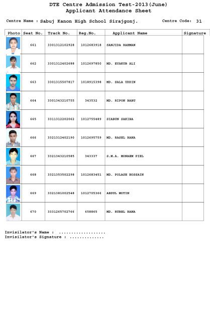 DTE Centre Admission Test-2013(June) Applicant Attendance Sheet