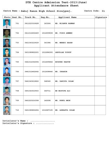 DTE Centre Admission Test-2013(June) Applicant Attendance Sheet