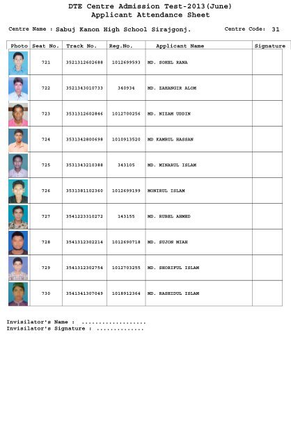 DTE Centre Admission Test-2013(June) Applicant Attendance Sheet