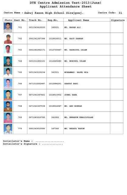 DTE Centre Admission Test-2013(June) Applicant Attendance Sheet