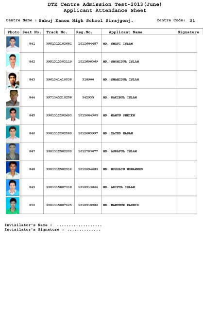 DTE Centre Admission Test-2013(June) Applicant Attendance Sheet