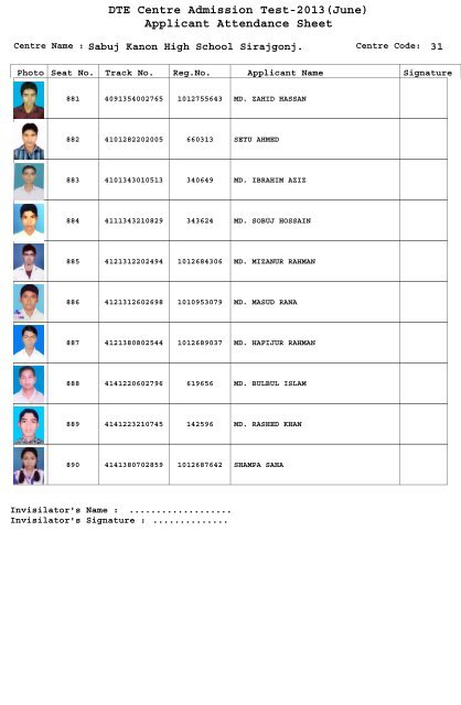 DTE Centre Admission Test-2013(June) Applicant Attendance Sheet