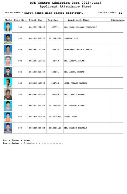 DTE Centre Admission Test-2013(June) Applicant Attendance Sheet