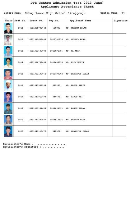 DTE Centre Admission Test-2013(June) Applicant Attendance Sheet