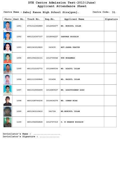 DTE Centre Admission Test-2013(June) Applicant Attendance Sheet