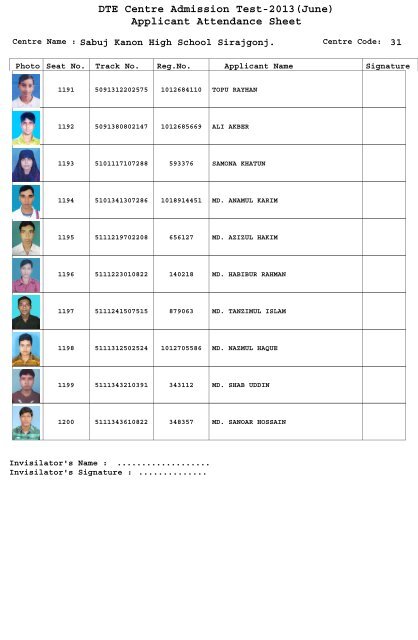 DTE Centre Admission Test-2013(June) Applicant Attendance Sheet