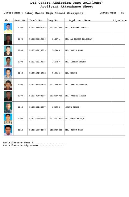 DTE Centre Admission Test-2013(June) Applicant Attendance Sheet