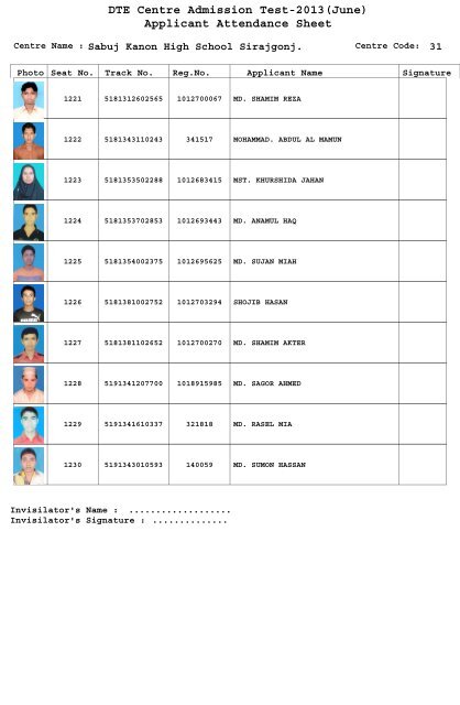 DTE Centre Admission Test-2013(June) Applicant Attendance Sheet