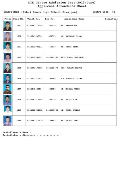 DTE Centre Admission Test-2013(June) Applicant Attendance Sheet