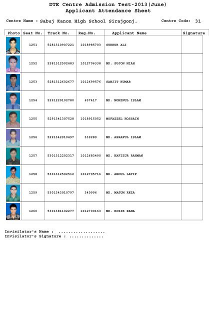 DTE Centre Admission Test-2013(June) Applicant Attendance Sheet