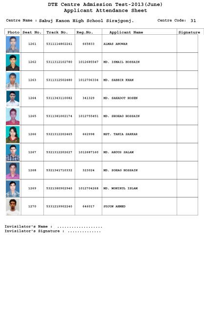 DTE Centre Admission Test-2013(June) Applicant Attendance Sheet