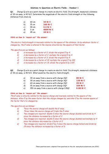 Solutions to Questions on Electric Fields - Handout 1 ... - Cyberphysics