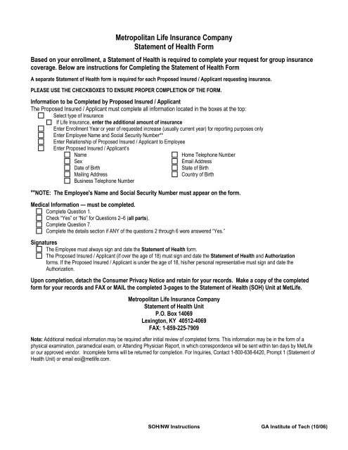 Met Life Insurance >> Metropolitan Life Insurance Company Statement Of Health Form Met Life Insurance >> Metropolitan Life Insurance Company Statement Of Health Form