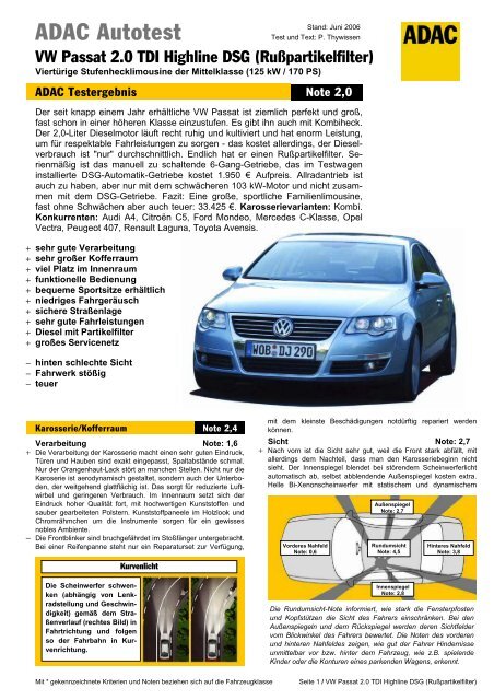 Umfassender Test Vw Passat 2 0 Tdi Highline Dsg Adac