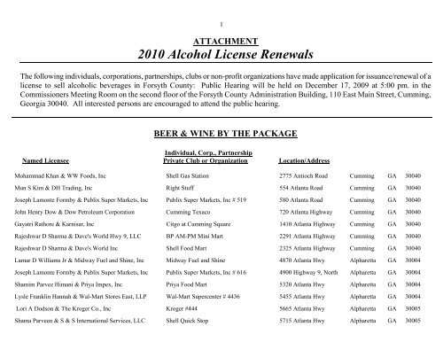 2010 Alcohol License Renewals - Forsyth County Government