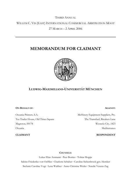 MEMORANDUM FOR CLAIMANT - The Annual Willem C. Vis (East)