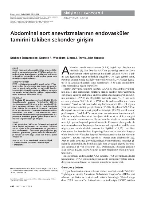 Abdominal aort anevrizmalarÄ±nÄ±n endovaskÃ¼ler tamirini takiben ...