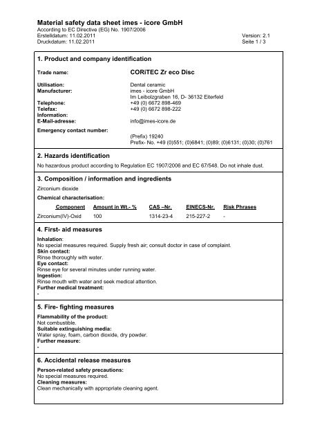 Material safety data sheet imes - icore GmbH - imes-icore Webseite