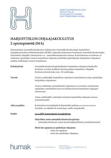Harjoittelun ohjaajakoulutus - Humanistinen ammattikorkeakoulu