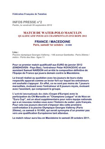 INFOS PRESSE nÂ°2 MATCH DE WATER-POLO MASCULIN ...