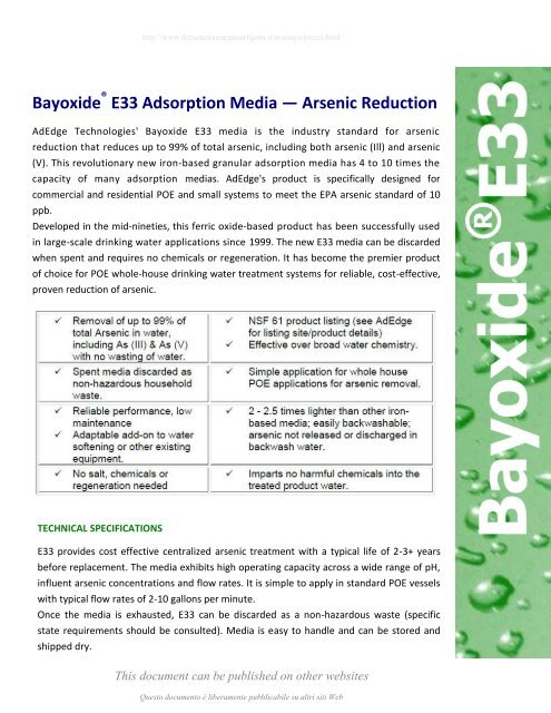 Bayoxide E33 Adsorption Media â Arsenic Reduction