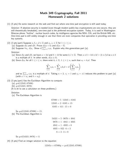Math 349 Cryptography, Fall 2011 Homework 2 solutions