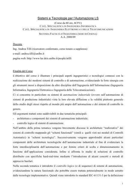 Programma del corso e modalitÃ  d'esame - LAR-DEIS