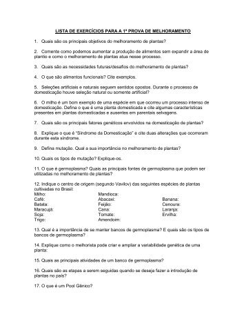 LISTA DE EXERCÍCIOS PARA A 1ª PROVA DE MELHORAMENTO ...