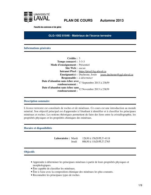 Plan De Cours Glg 1002 Pixel Université Laval