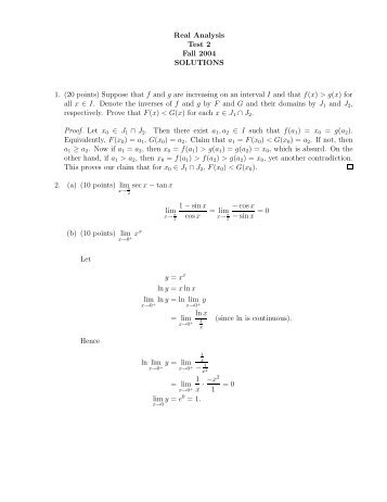 Real Analysis Test 2 Fall 2004 SOLUTIONS 1. (20 points) Suppose ...