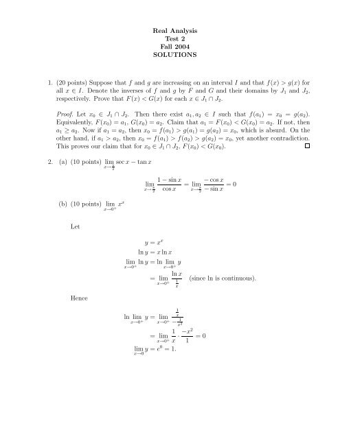 Real Analysis Test 2 Fall 2004 SOLUTIONS 1. (20 points) Suppose ...