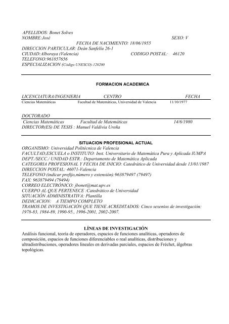 Curriculum vitae - JosÃ© Bonet Solves - UPV