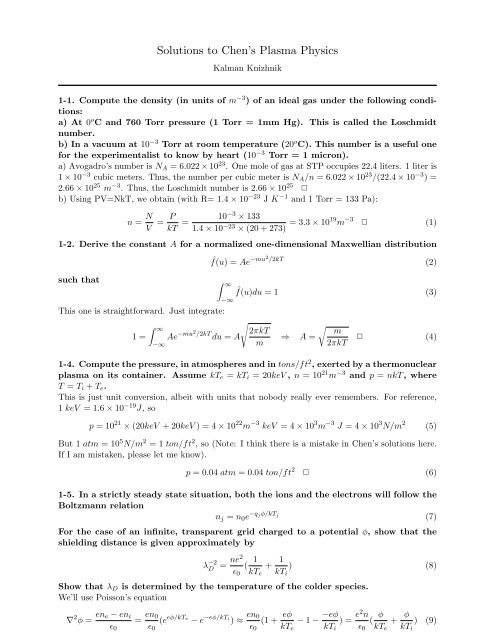 Solutions To Chen S Plasma Physics