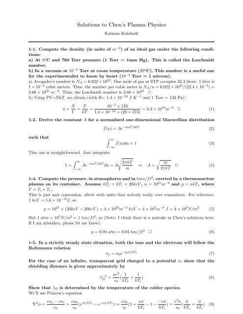 Solutions to Chen's Plasma Physics