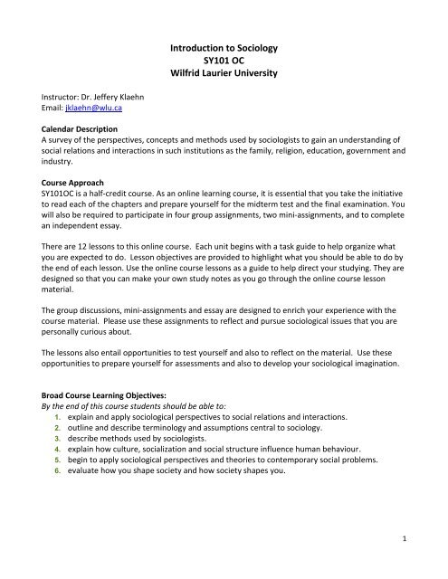 Class Notes for SY101 at Wilfrid Laurier University (WLU)