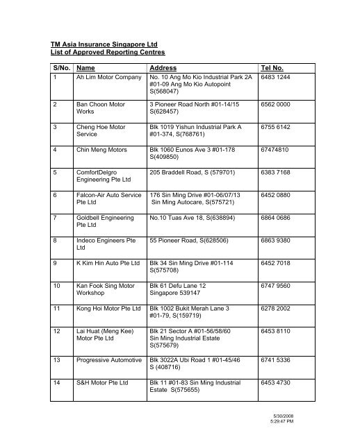 TM Asia Insurance Singapore Ltd List of Approved Reporting ...