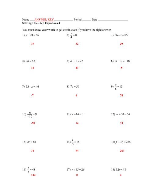 Solving One-Step Equations worksheet - The McNabbs